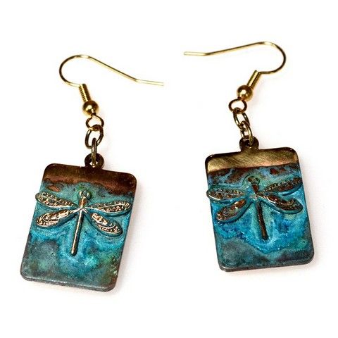 Click to view detail for EC-003  Earrings Dragonfly On Rectangle Dangle $66